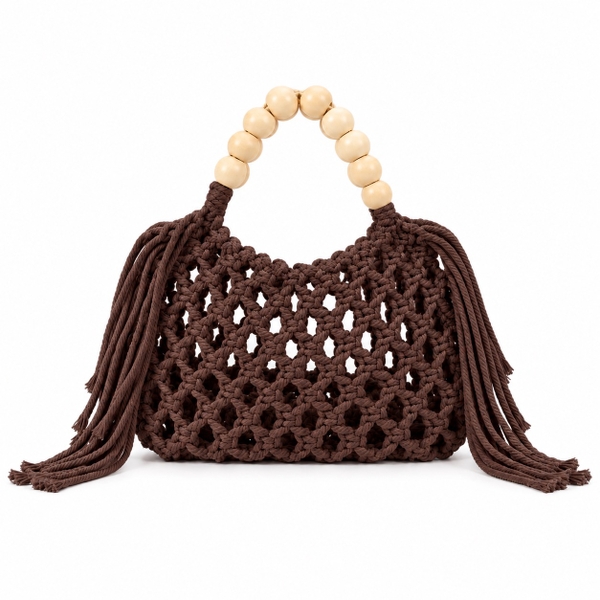 Macrame Hand Bag With Wooden Bead - Brown