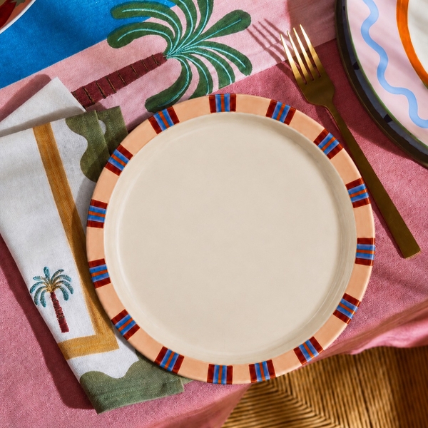BAT TRANG - Ceramic Large Round Plate With Striped Rim