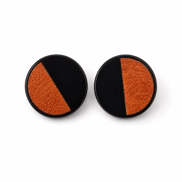 AZIET -  Buffalo Horn & Lacquer Round Stud Earrings in Black & Orange Leather
