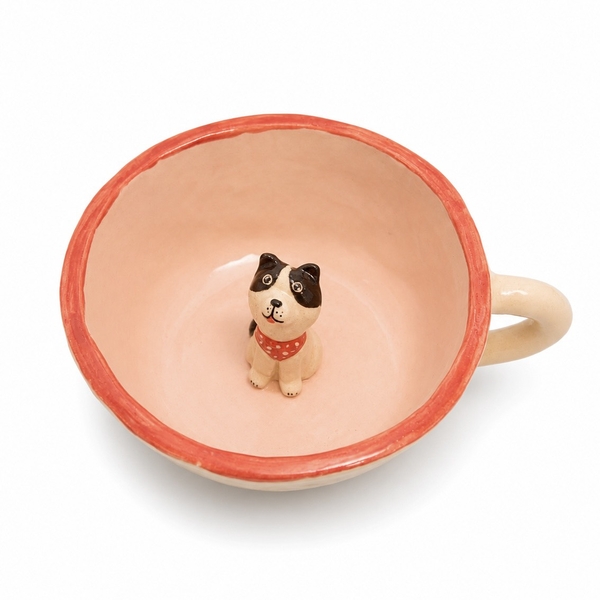 LINDO CRAFTS - Heart & Bow Mug in Pink With Black & White Dog Inside
