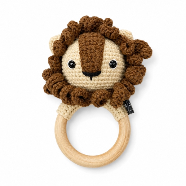 Macrame Baby Rattle With Wooden Handle - Lion