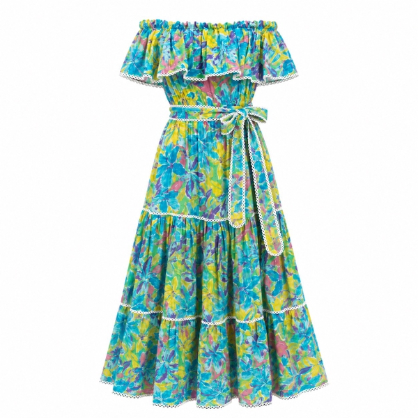 HUMANITY HANOI -  Off Shoulder Maxi Dress in Turquoise Lily Flower