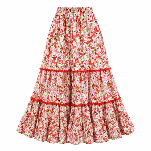 HUMANITY HANOI -  Tiered Maxi Skirt With Red Lace Detail in Rust Floral