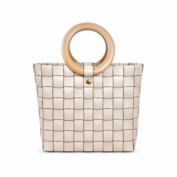 Woven Market Basket Bag With Round Wooden Handle in Nude (S)