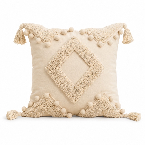Sofa Pillow - Diamond Pattern in Beige With Tassels