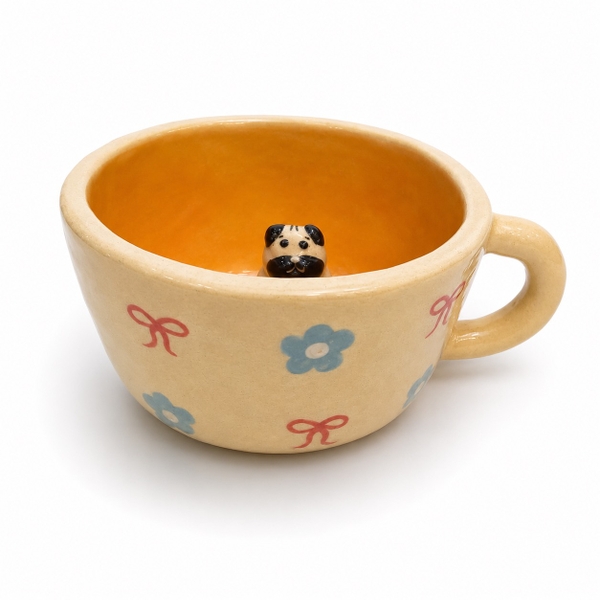 LINDO CRAFTS - Bow & Flower Mug in Orange With Black & White Dog Inside