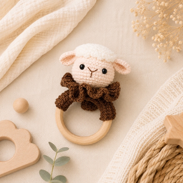 KID & BABY - Macrame Rattle With Wooden Handle in Sheep