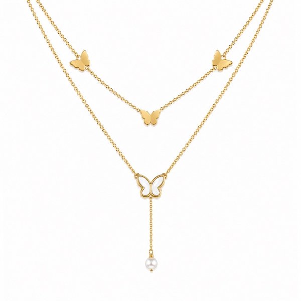 ROUGE - 18K Gold Plated Double Layer Necklace With Butterfly and Pearl Pendant