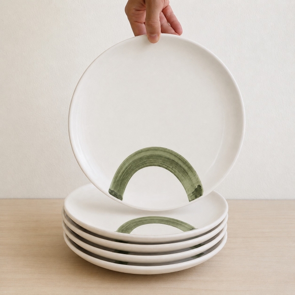 BÁT TRÀNG CERAMIC - Round Plate With Green Paint Stroke