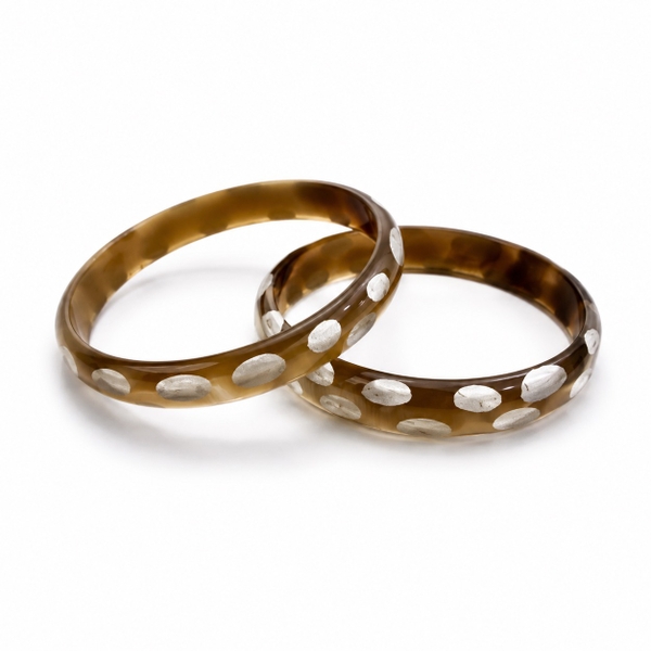 AZIET -  Buffalo Horn & Lacquer Small Flat Bracelet in Brown With Silver Polka Dots
