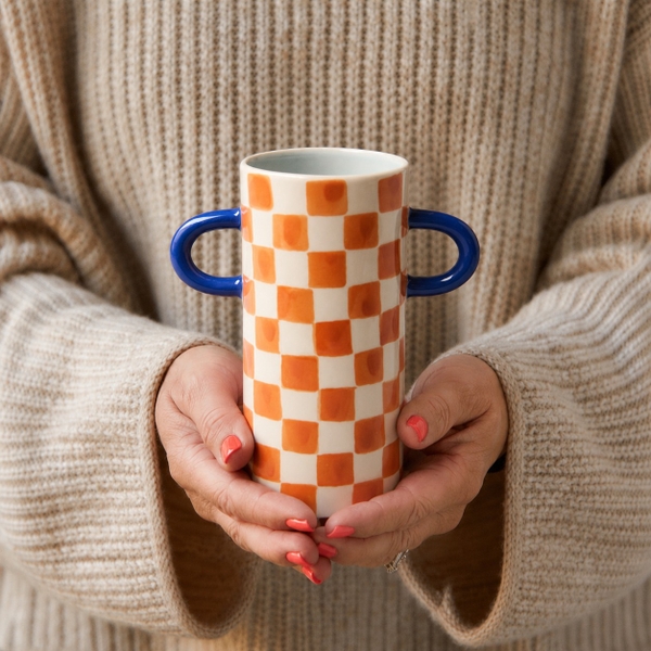 BÁT TRÀNG CERAMIC - Orange Checked Vase With Blue Handle