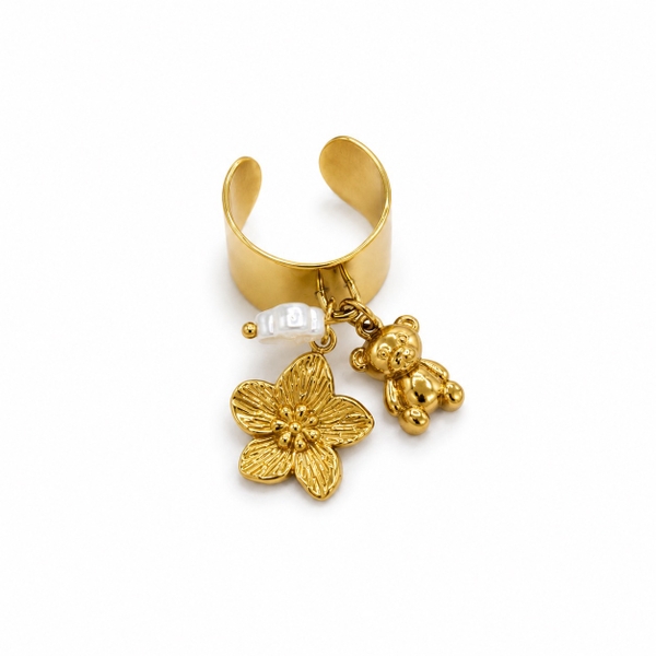 ROUGE - 18K Gold Plated Bear & Flower Charm Ring