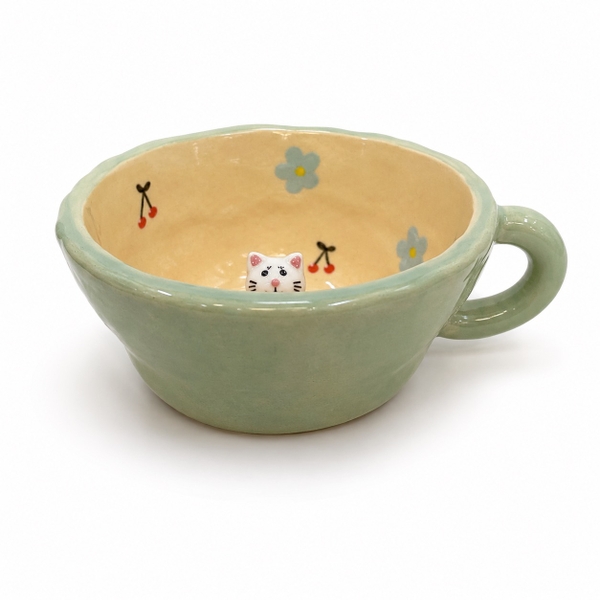 Lindo Crafts - Soft Mint Mug With Blue Flower & White Cat Inside