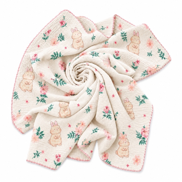 Muslin Blanket For Babies - Bunny & Pink Flower