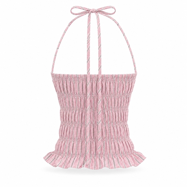 HUMANITY HANOI - Ruch Halter Top With Ruffle in Stripe Light Pink