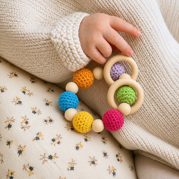 KID & BABY - Crochet Teething Toy With Wooden Circle in Rainbow