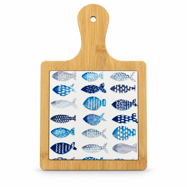 BÁT TRÀNG CERAMIC - Wood & Ceramic Pot Holder In Blue School Of Fish