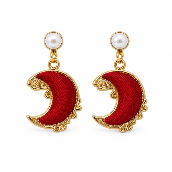 MỘC SAN - 16K Gold Plated & Silk Earrings in Ruby Red Moon