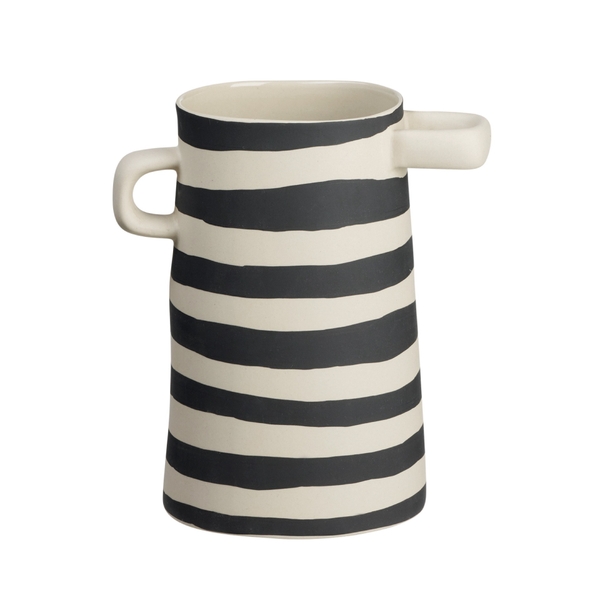 BAT TRANG - Ceramic Horizontal Line Short Vase With White Handle
