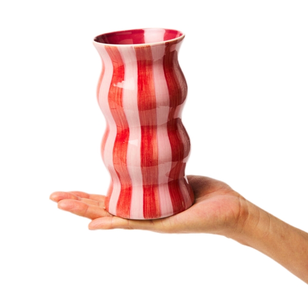 BAT TRANG - Ceramic Wavy Vase In Striped Red