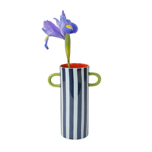 BAT TRANG - Blue Stripped Vase With Green Handle