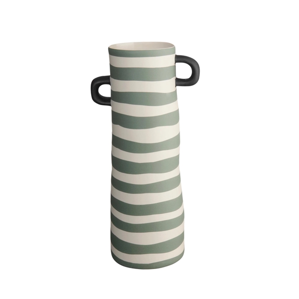 BAT TRANG - Ceramic Green Horizontal Line Tall Vase With Black Handle
