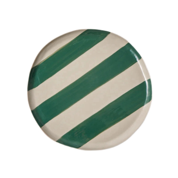 BAT TRANG - Ceramic Round Plate in Striped Green