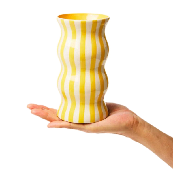 BAT TRANG - Ceramic Wavy Vase In Striped Yellow