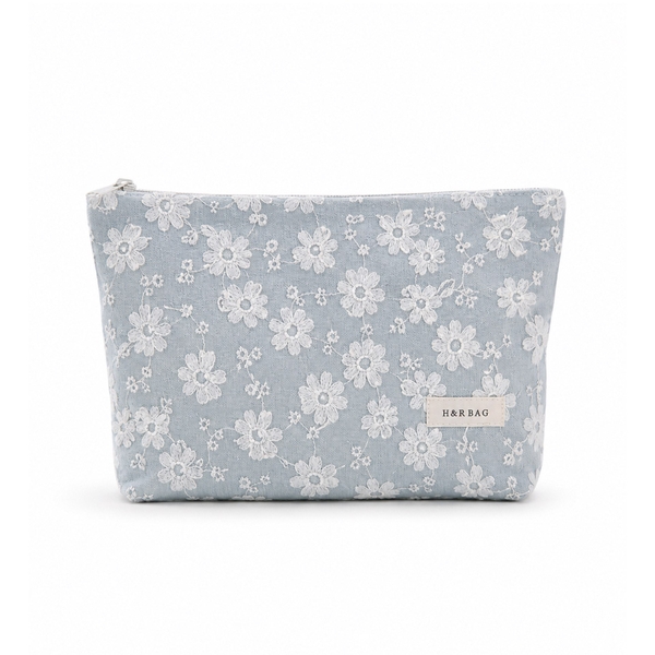 Make Up Purse - White Flower In Light Green