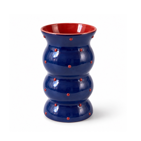 BAT TRANG - Ceramic Wavy Vase In Navy With Red Dot