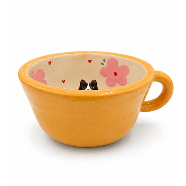 LINDO CRAFTS - Orange Mug With Pink Flower & Black Dog Inside