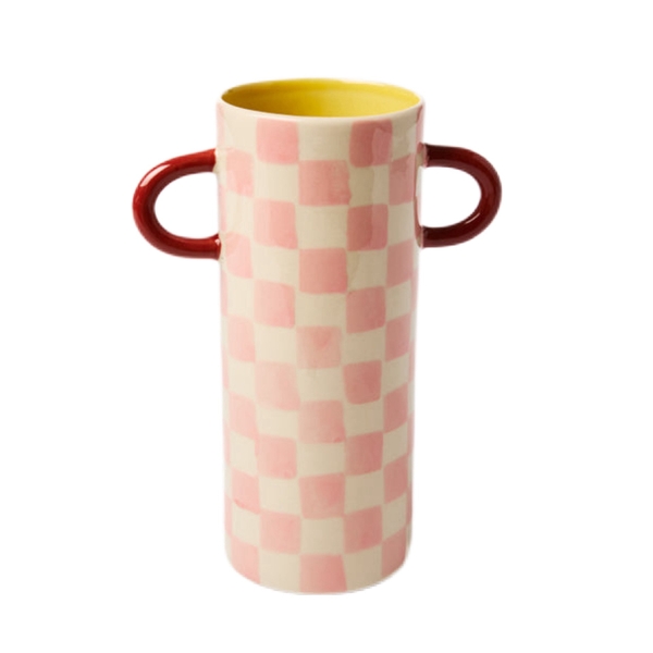 BÁT TRÀNG CERAMIC - Pink Checked Vase With Red Handle