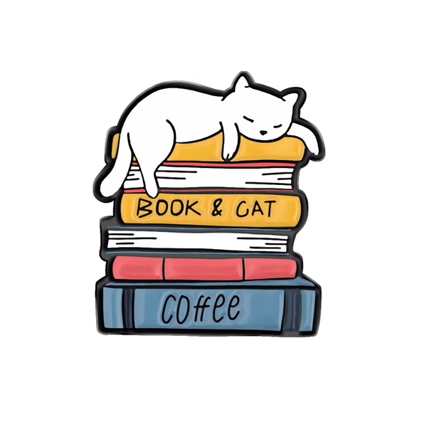 ENAMEL PIN - Book & Cat, Coffee
