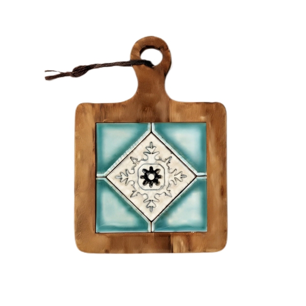 Wood & Ceramic Pot Holder In Turquoise Pattern