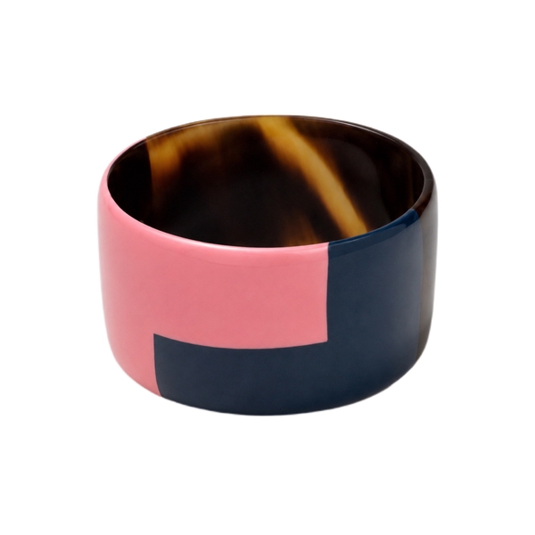 AZIET -  Buffalo Horn & Lacquer Large Flat Bracelet in Pink & Navy