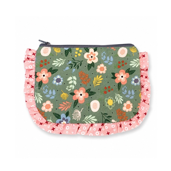 RUNG HANDMADE - 'Pink & Blue Flower' Ruffled Make Up Purse