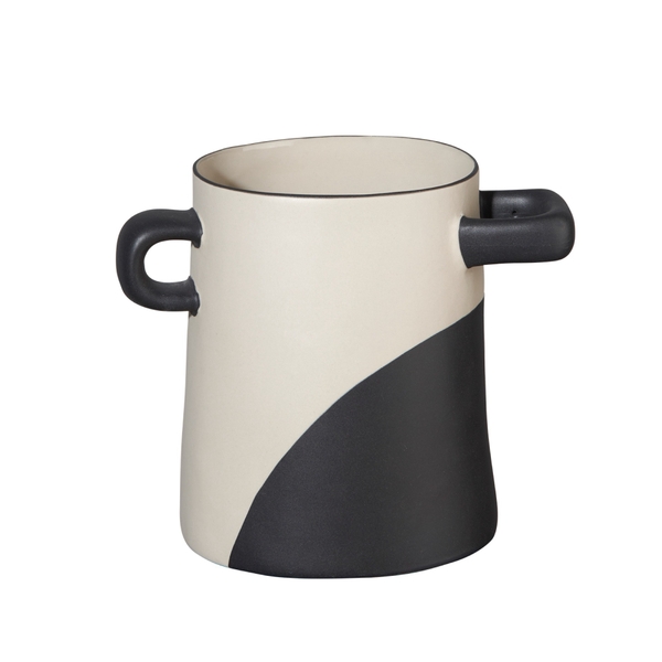 BAT TRANG - Ceramic Black & White Short Vase With Black Handle