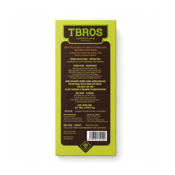TBROS CHOCOLATE - Dark Chocolate 55% Oolong Tea With Soft-dried Coconut
