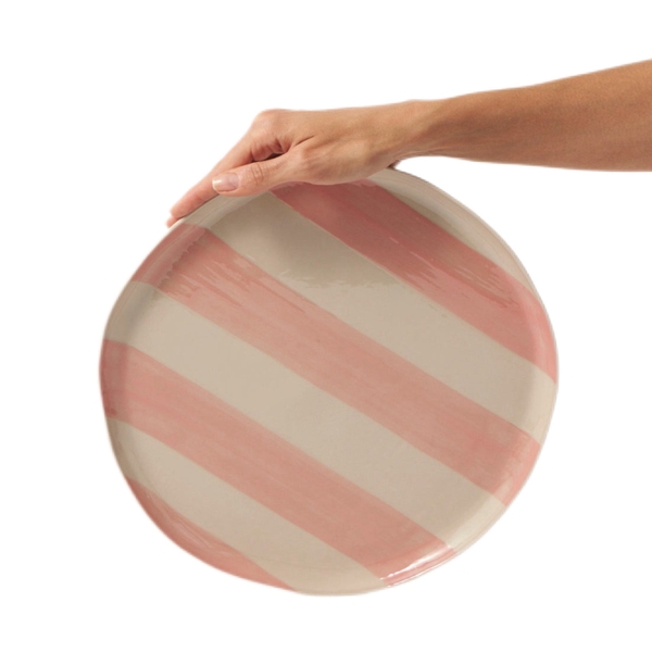 BAT TRANG - Ceramic Round Plate in Striped Pink