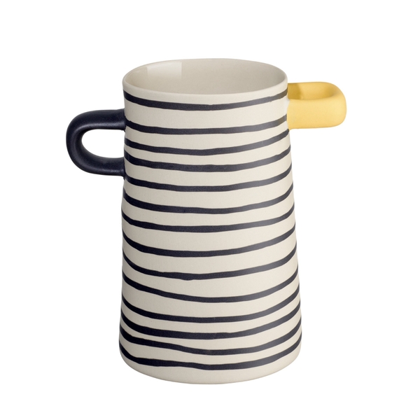 BAT TRANG - Ceramic Horizontal Line Short Vase With Black & Yellow Handle