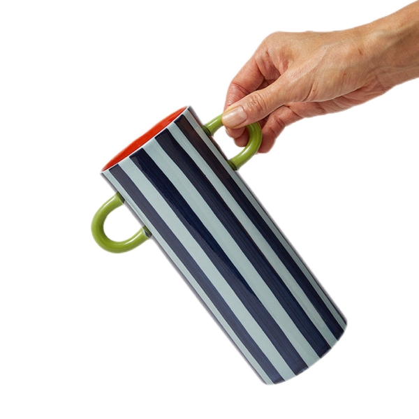 BAT TRANG - Blue Stripped Vase With Green Handle