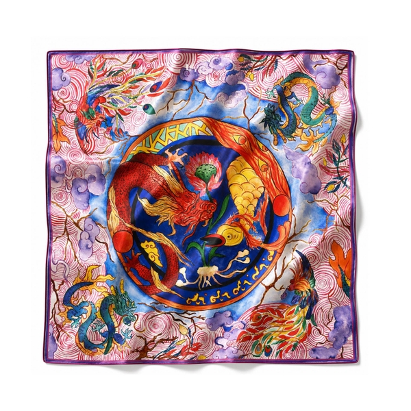 LY VU -  ‘Harmony Of Dragon & Phoenix’ Silk Carre Scarf