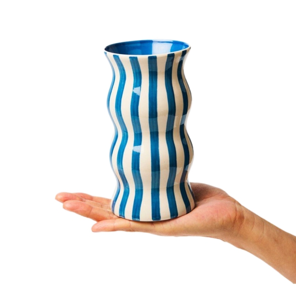 BAT TRANG - Ceramic Wavy Vase In Striped Blue