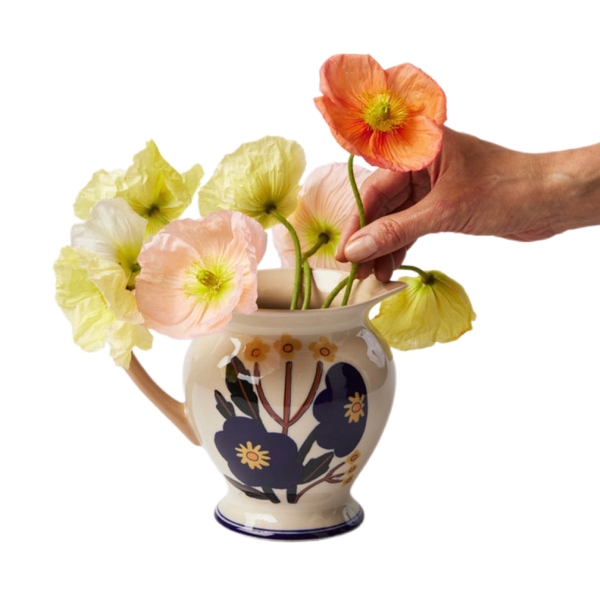 BAT TRANG - Ceramic Pitcher in Blue Bloom With Pink Handle