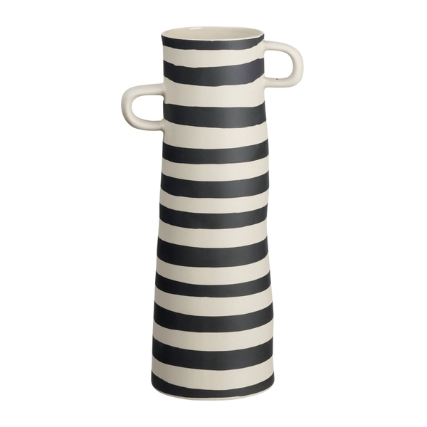 BAT TRANG -  Ceramic Black Horizontal Line Tall Vase With White Handle