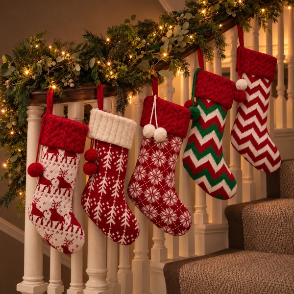 CHRISTMAS - Large Wool Stocking in Red & Green Zigzag