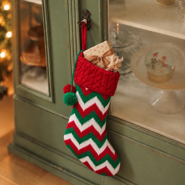 CHRISTMAS - Large Wool Stocking in Red & Green Zigzag