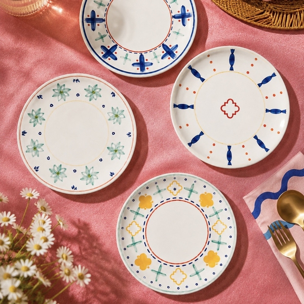 BAT TRANG -  Ceramic Round Plate With Green & Yellow Pattern