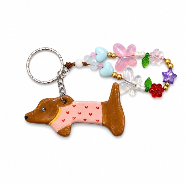 LINDO CRAFTS - Dog With Pink Polka Dots Shirt Ceramic Keychain