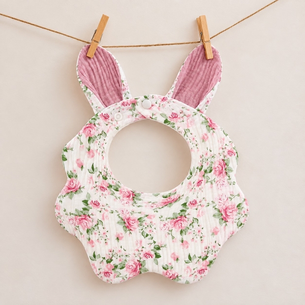 KID & BABY - Muslin Bunny Bib in Vintage Pink Rose